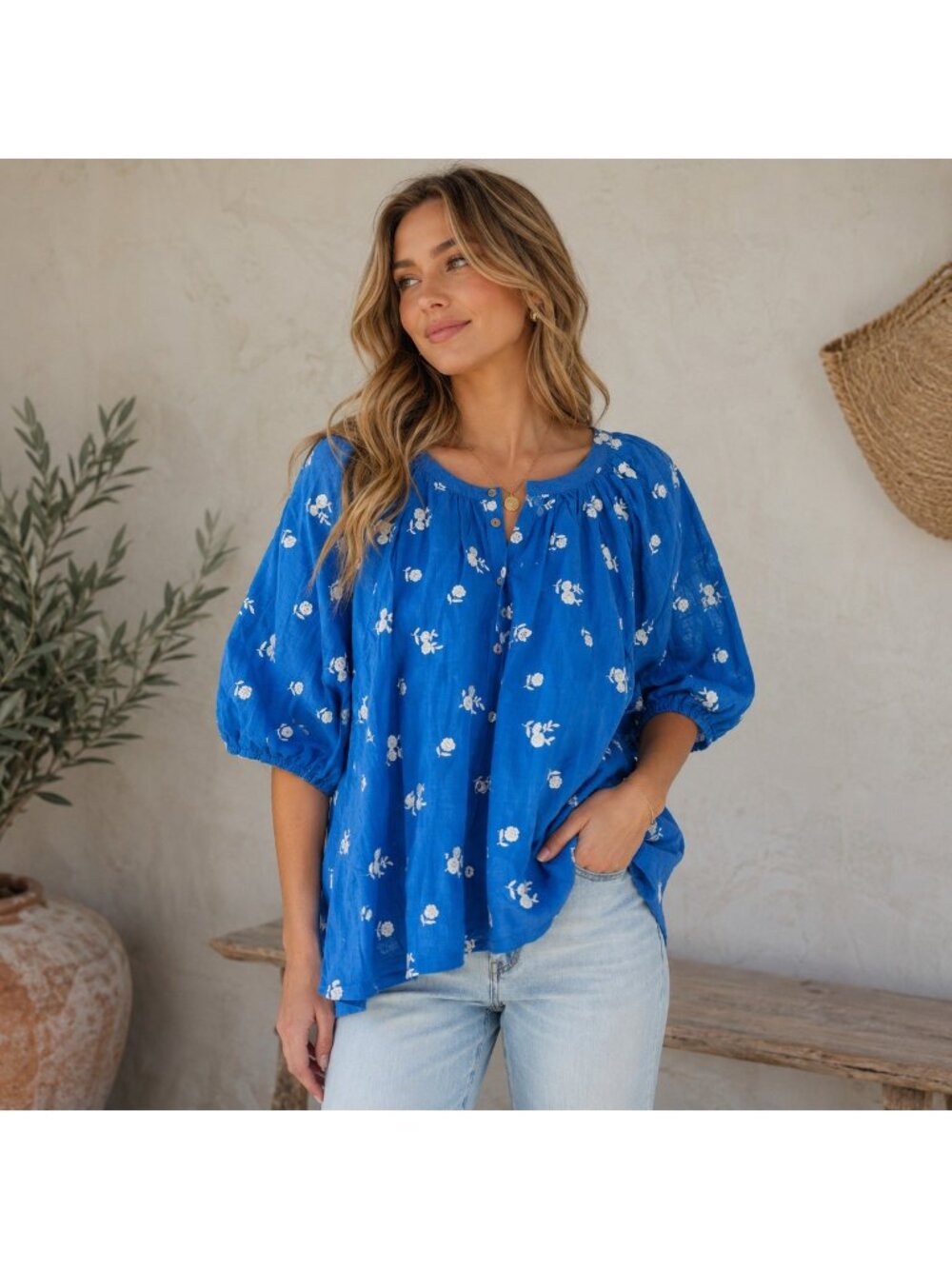 Workshop Republic Clothing 100% Cotton Blue White Embroidered Top 2XL